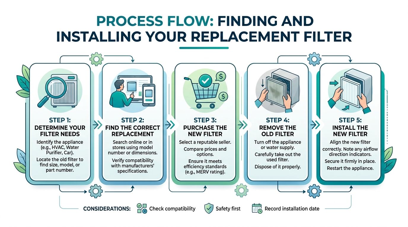 A process flow chart illustrating the five essential steps for finding and installing a replacement filter.