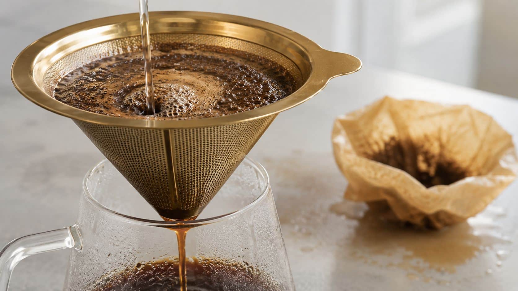A close up of a metallic gold tone coffee filter dripping fresh coffee into a glass carafe.