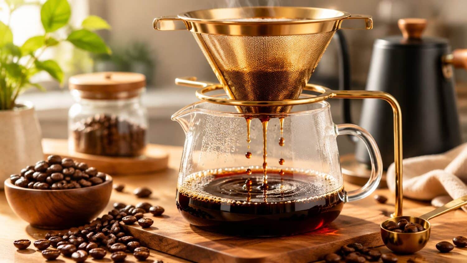 Pour-over coffee brewing in a gold filter into a glass carafe, with coffee beans.