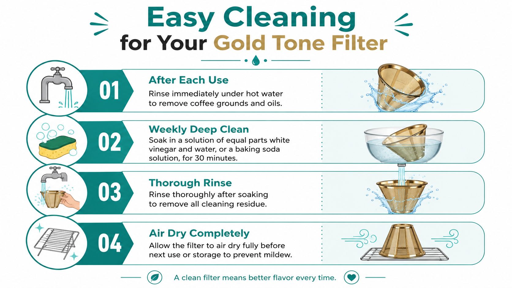 A step-by-step instructional infographic showing how to clean a gold tone coffee filter effectively.