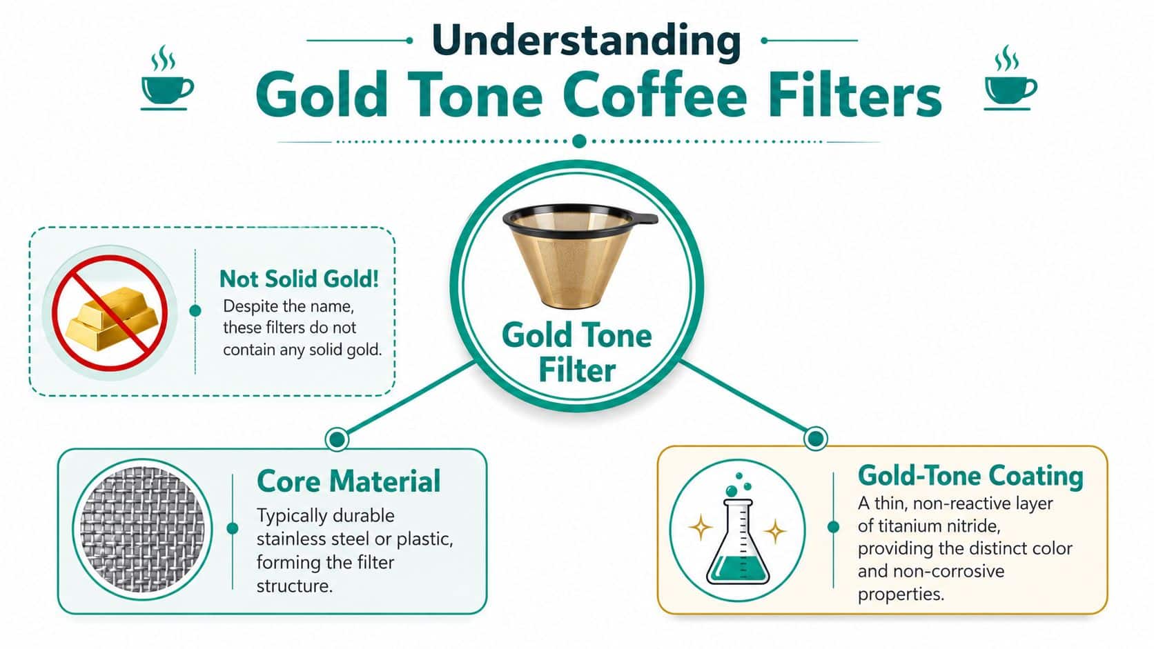 An infographic explaining that gold tone coffee filters are made of stainless steel with titanium nitride coating.