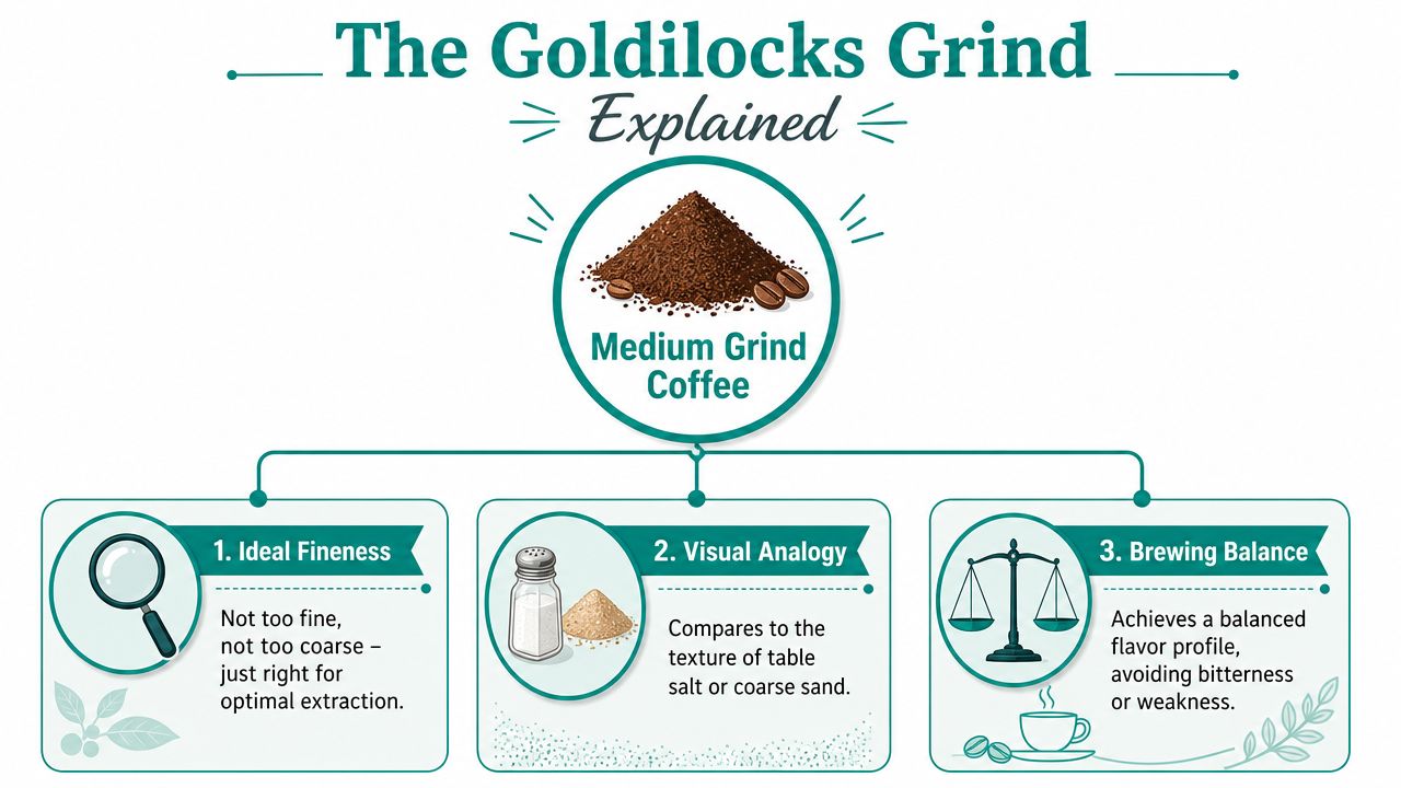 An infographic explaining medium grind coffee featuring ideal fineness, visual analogy, and brewing balance icons.