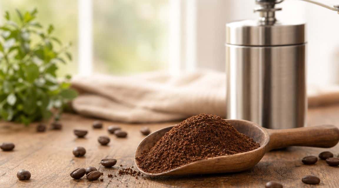 Wooden scoop of fresh coffee grounds with coffee beans and grinder