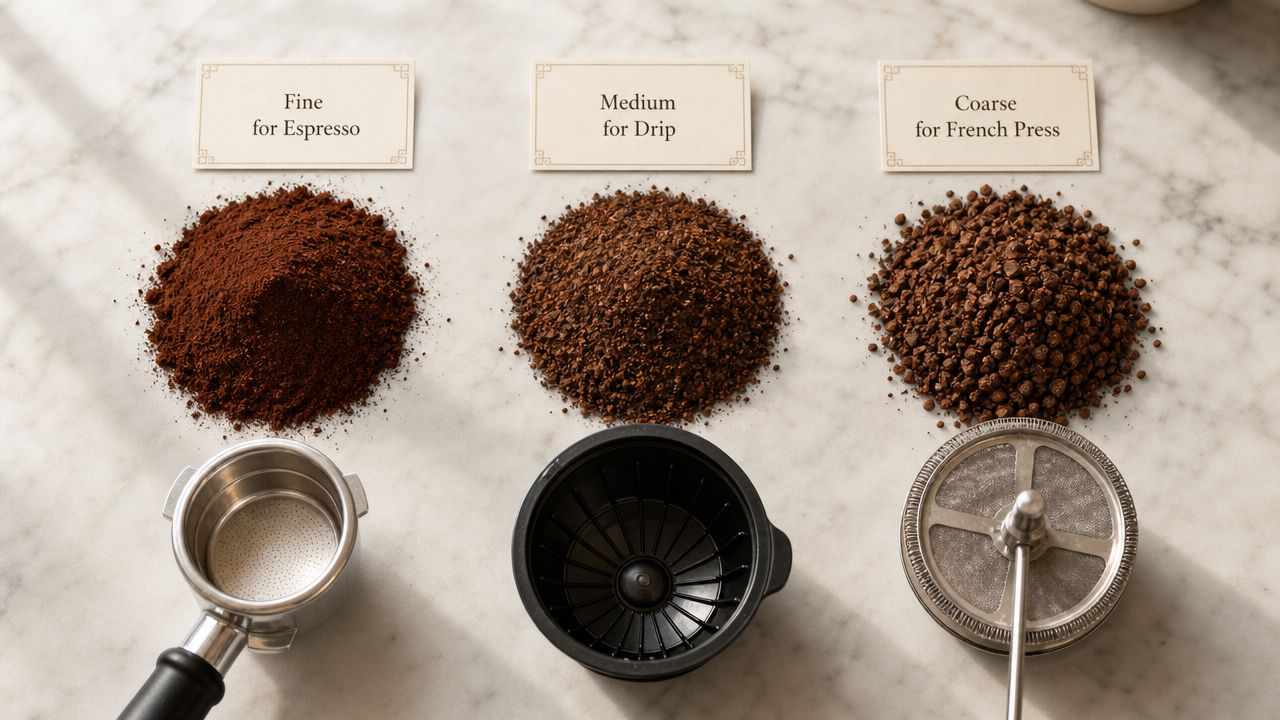 Visual guide showing three piles of coffee grounds ranging from fine espresso to coarse French press.