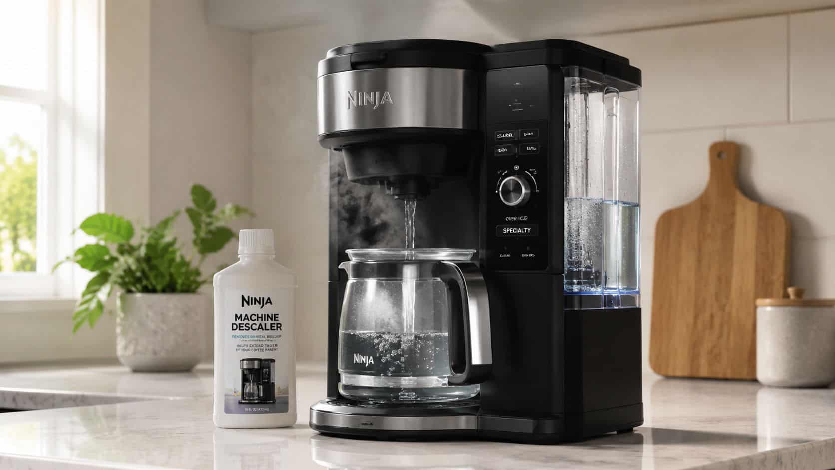 A Ninja coffee machine brewing water into a glass carafe next to a bottle of Ninja machine descaler.