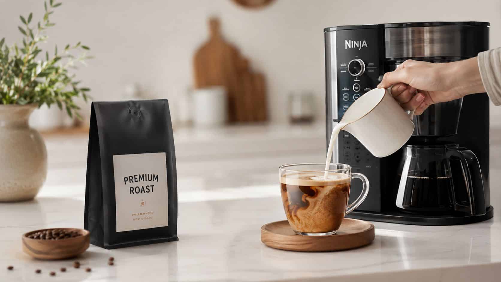 A person pouring milk into a glass of coffee next to a bag of premium roast coffee beans.