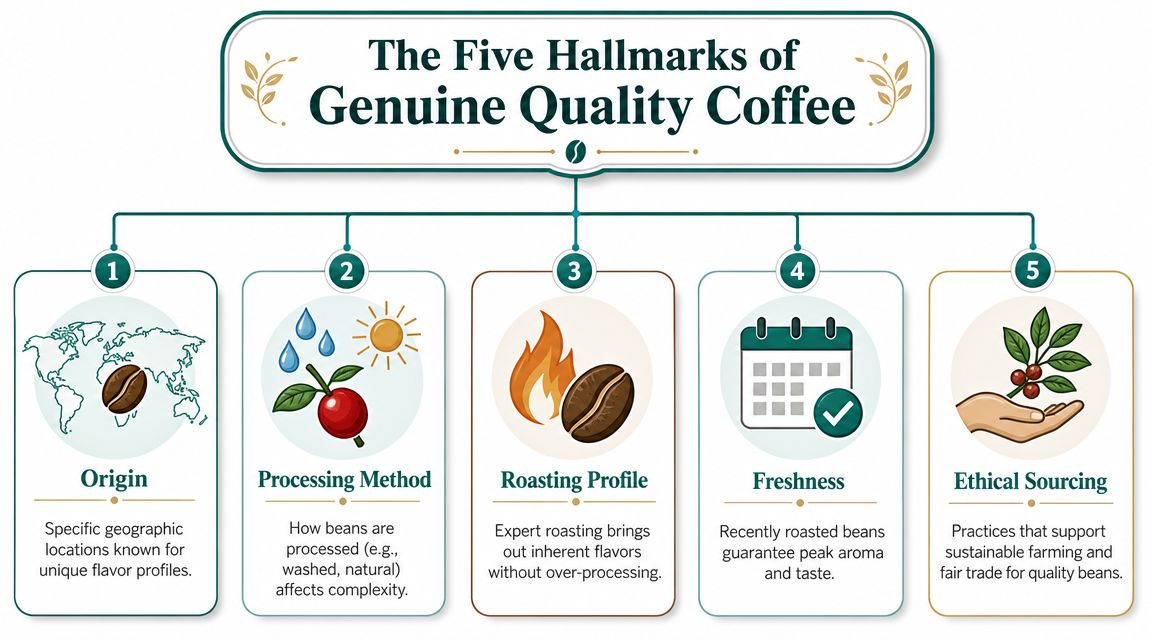 An infographic titled The Five Hallmarks of Genuine Quality Coffee illustrating origin, processing, roasting, freshness, and sourcing.