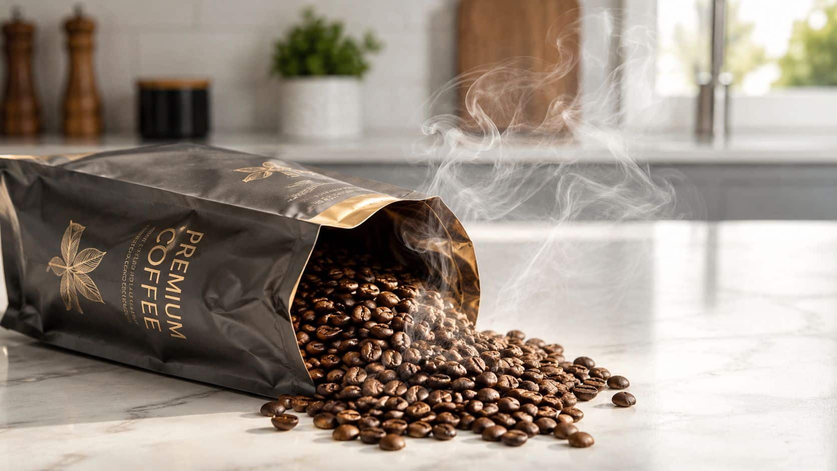 A bag of premium roasted coffee beans spilling onto a white marble countertop with steam rising.