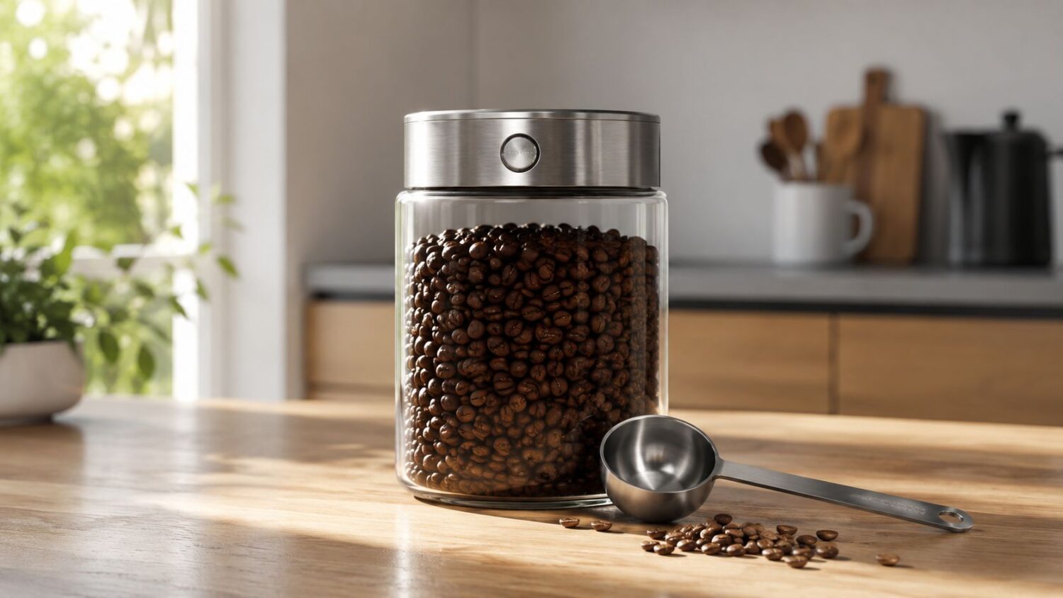Glass coffee bean storage jar with scoop on a wooden counter
