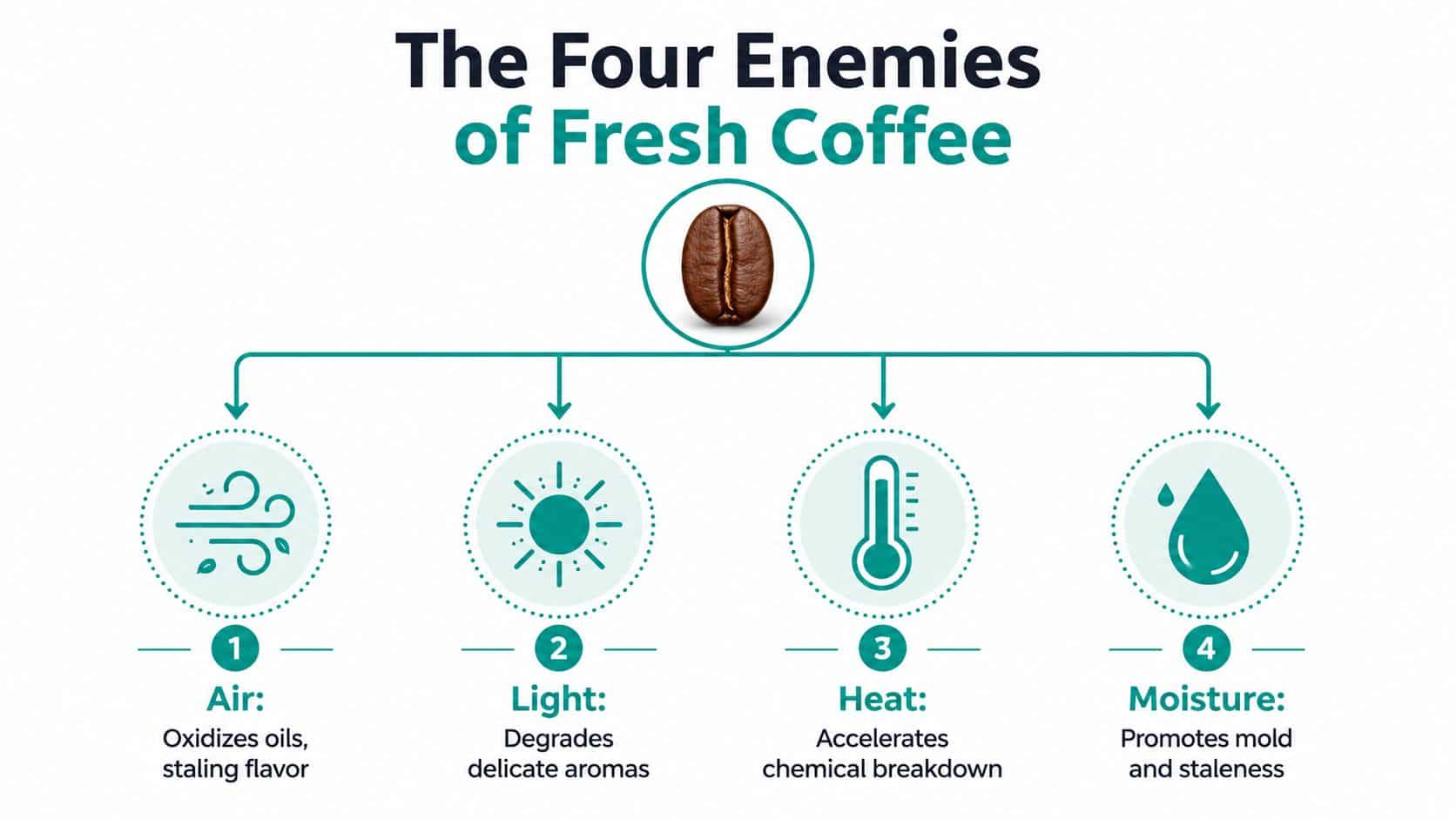 An infographic titled The Four Enemies of Fresh Coffee detailing how air, light, heat, and moisture affect beans.