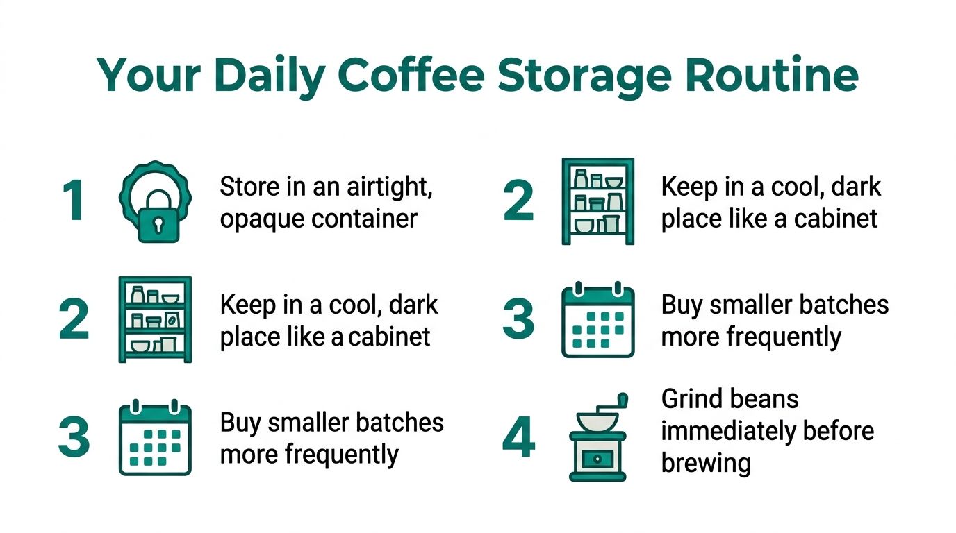 An infographic titled Your Daily Coffee Storage Routine illustrating four essential tips for keeping coffee beans fresh.