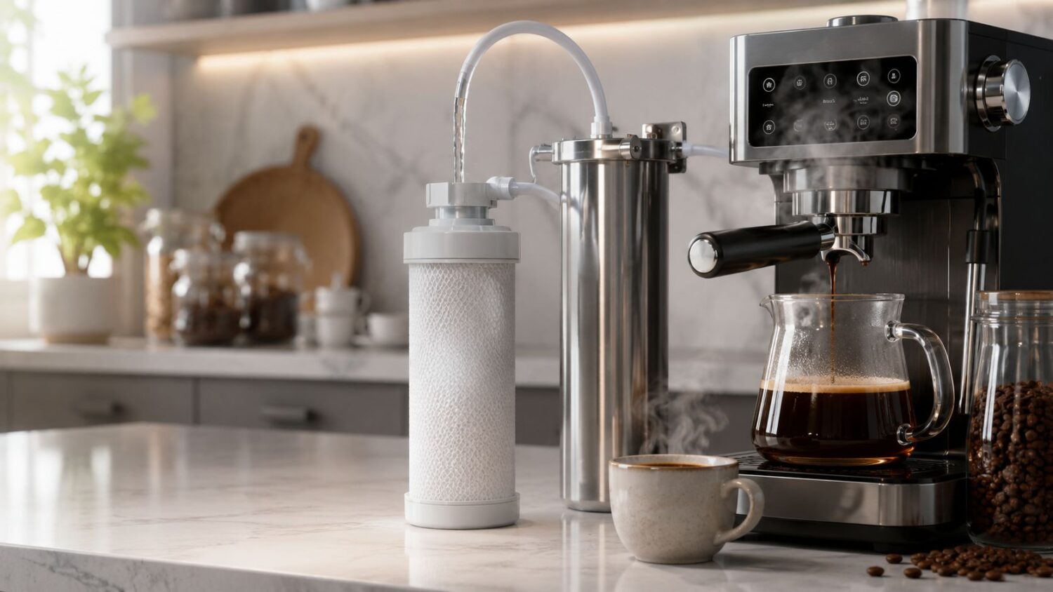 Espresso machine brewing coffee into a glass carafe, with water filter system.
