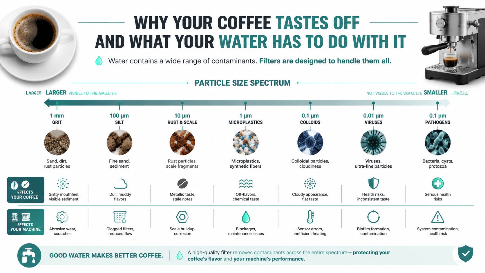 An infographic showing how different water contaminants affect coffee taste and coffee machine performance.
