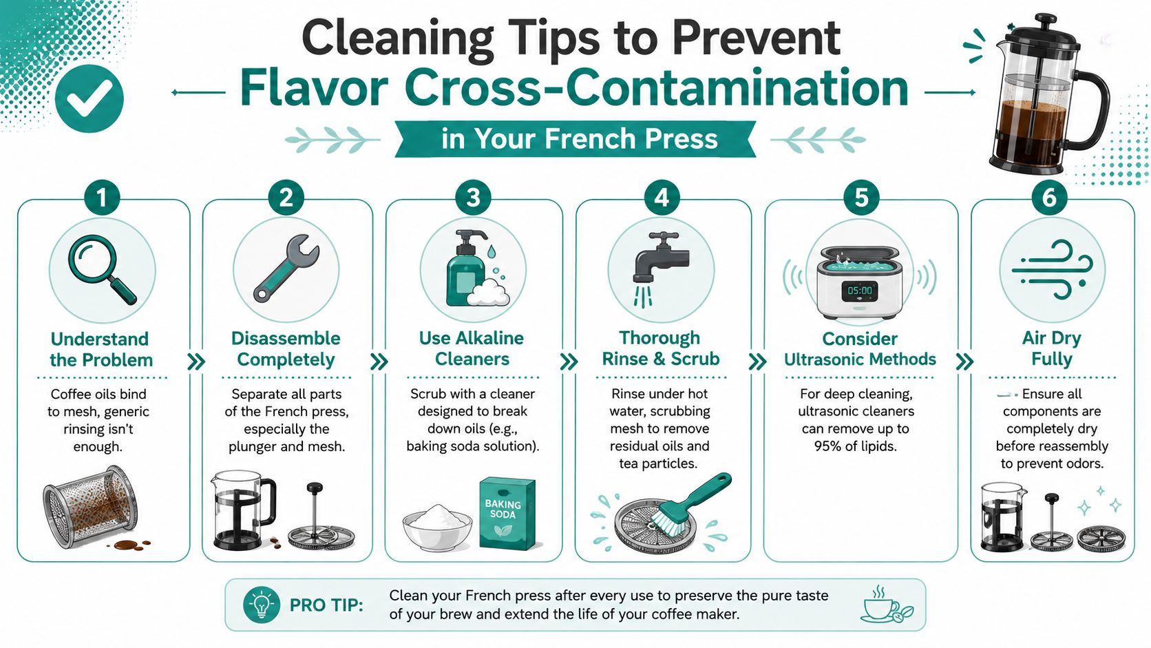 An infographic detailing six steps to clean a French press to prevent flavor cross-contamination for coffee and tea.