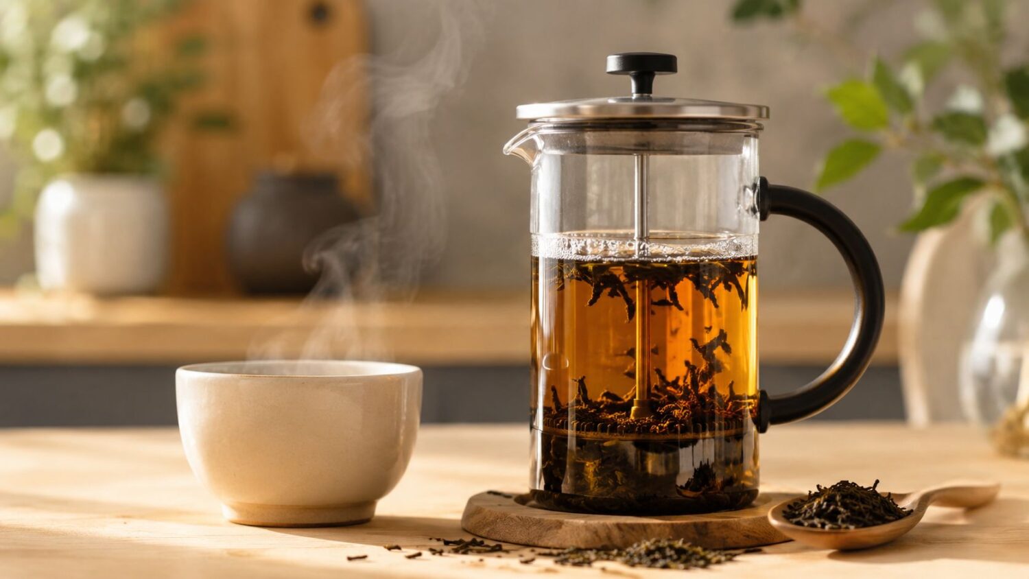 French press brewing loose leaf tea with a steaming cup