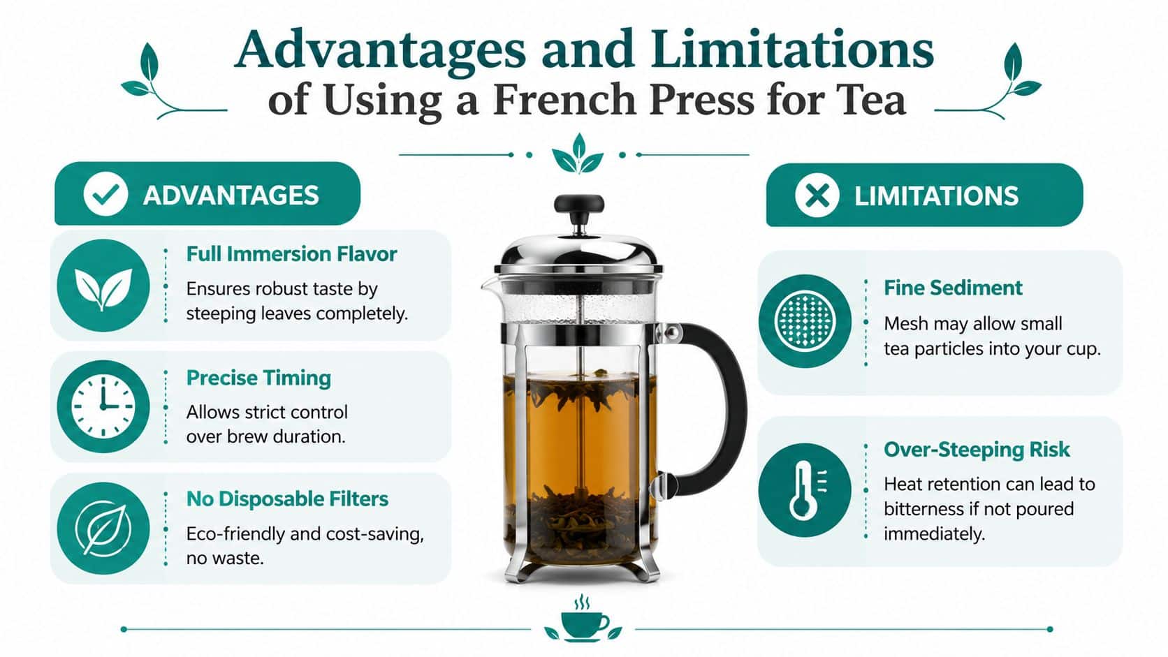 An infographic detailing the various advantages and limitations of using a French press to brew tea.