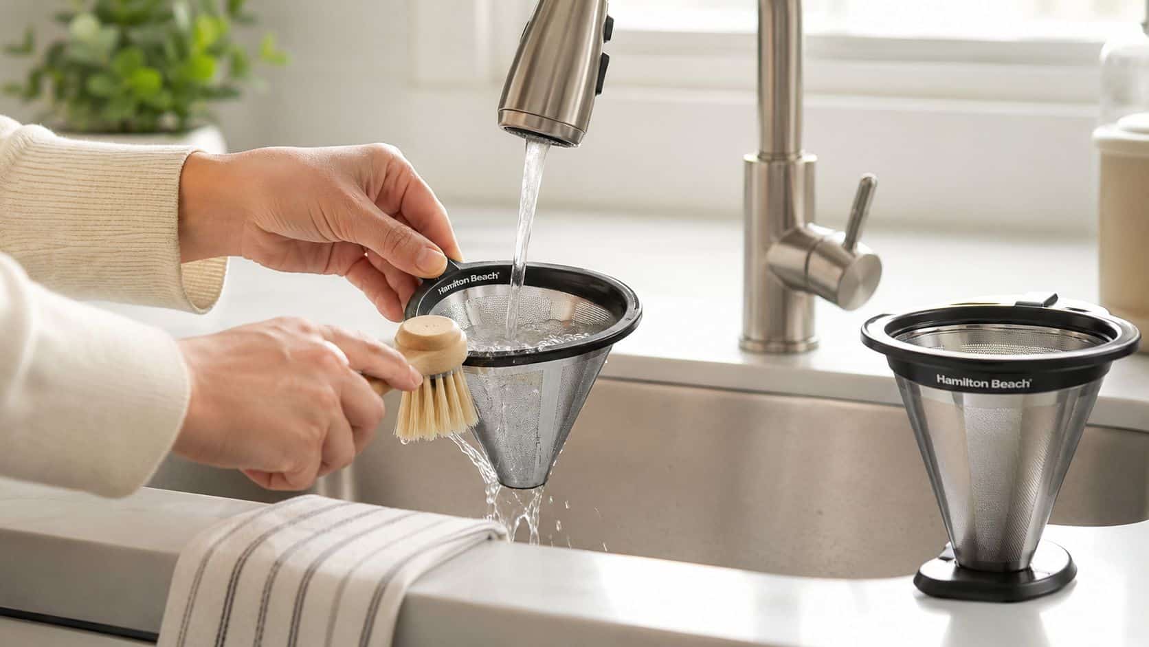 A person washing a Hamilton Beach coffee filter under the kitchen sink faucet with a wooden scrub brush.