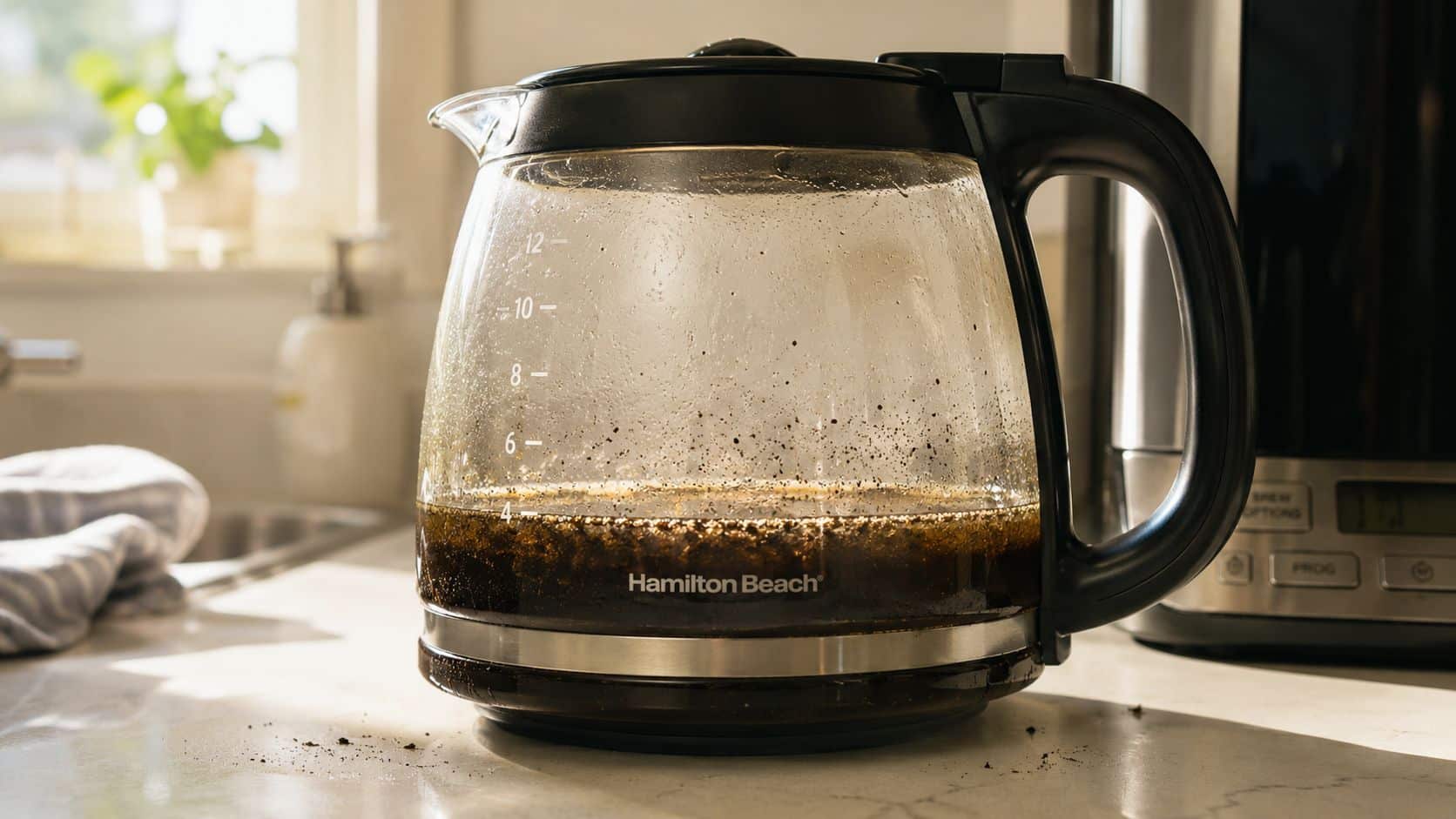 A Hamilton Beach coffee carafe sits on a kitchen counter filled with dark brewed coffee.