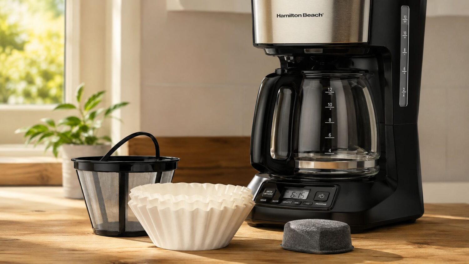 Hamilton Beach coffee maker with filter basket and paper filters