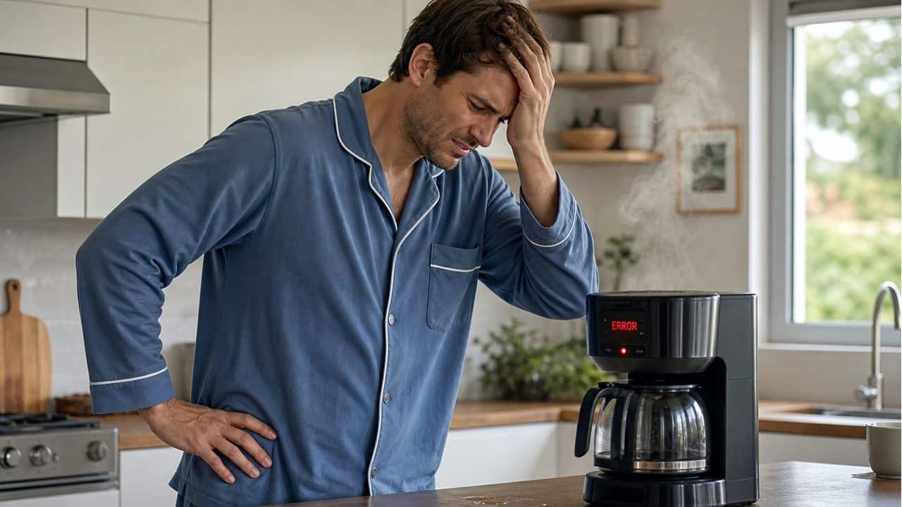 A man in blue pajamas looks frustrated at a steaming coffee maker displaying an error message.