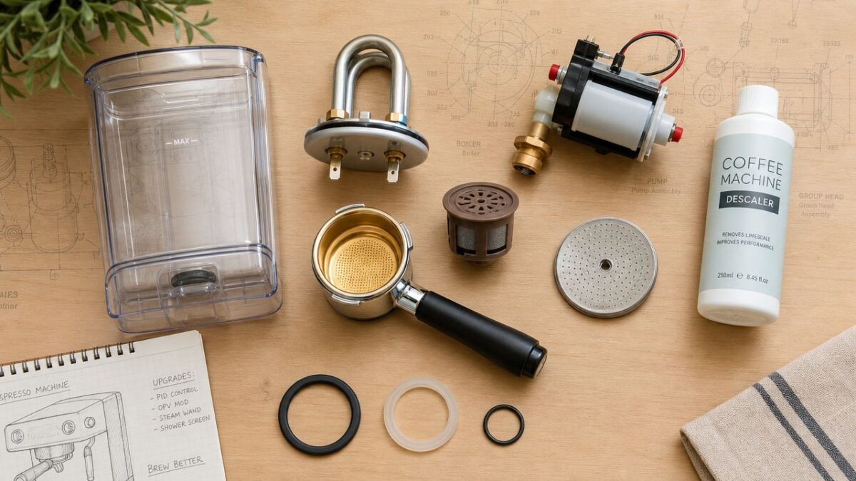 Espresso machine parts and descaler: water tank, boiler, portafilter, pump, shower screen.