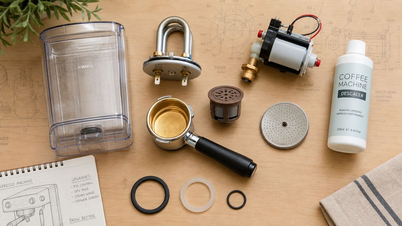 Espresso machine parts and descaler: water tank, boiler, portafilter, pump, shower screen.