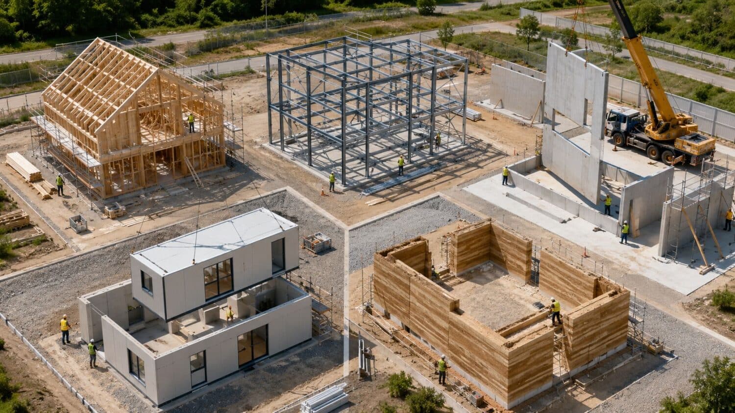 Construction site showcasing diverse building methods: timber frame, steel structure, concrete, modular, and rammed earth.
