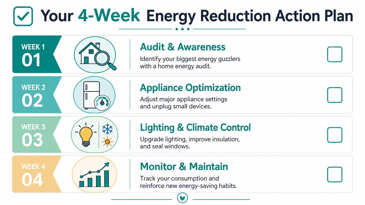 A four-week plan checklist illustrating steps to reduce household energy consumption through auditing and maintenance.