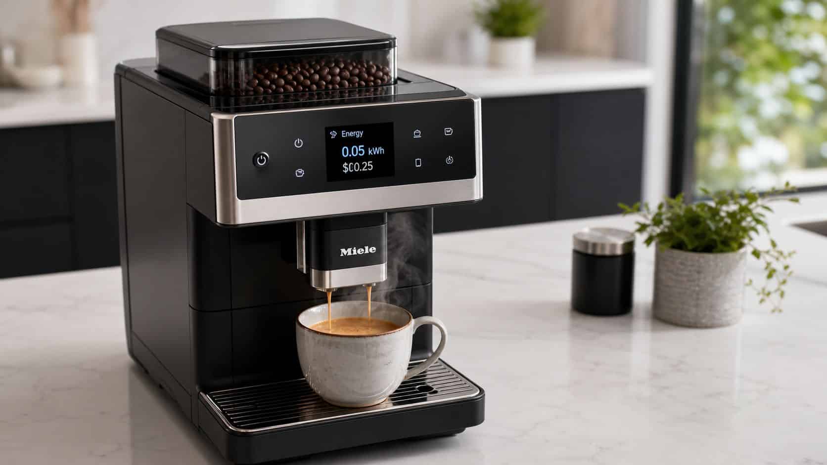 A modern Miele coffee machine on a marble countertop showing its current energy consumption in kilowatt-hours and cost.