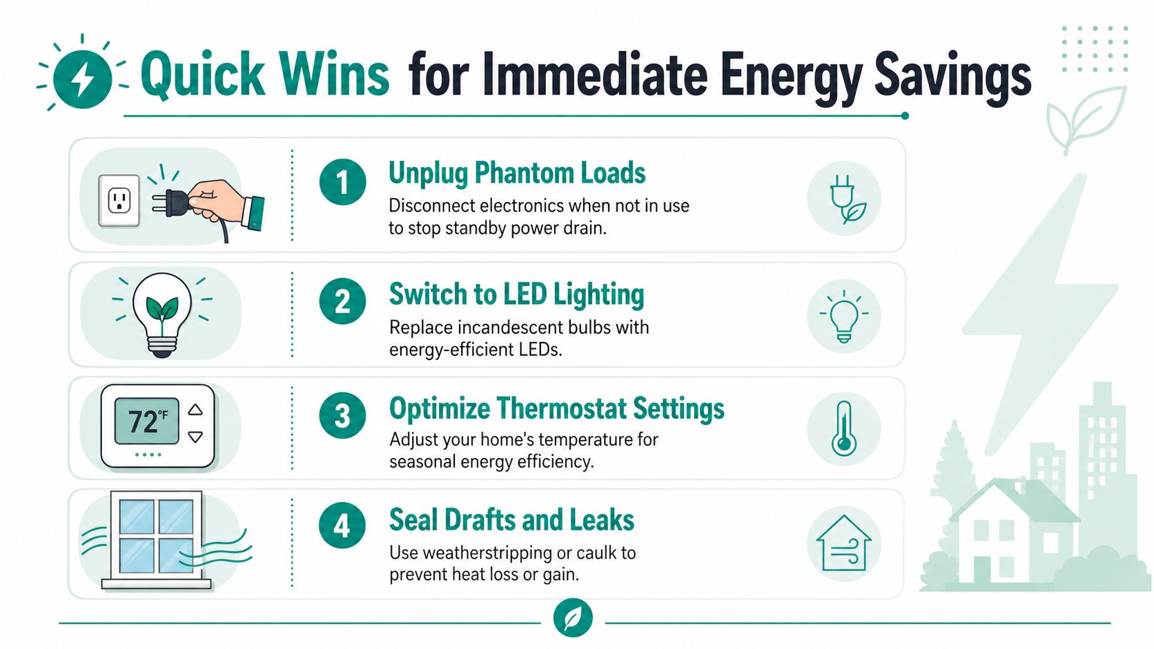 An infographic titled Quick Wins for Immediate Energy Savings, listing four tips for reducing household electricity consumption.