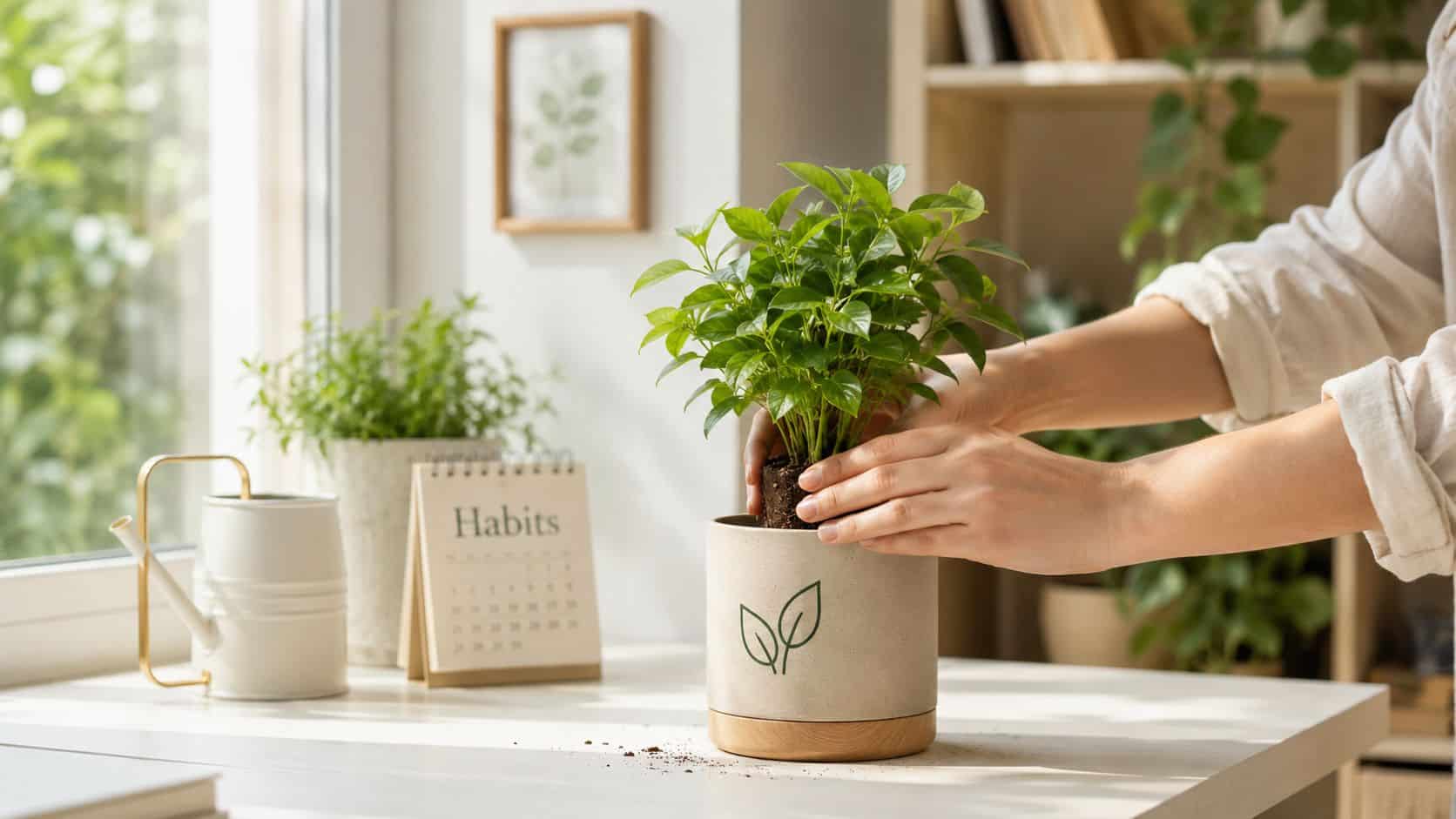 A person carefully potting a small green plant into a decorative ceramic pot on a sunny desk.
