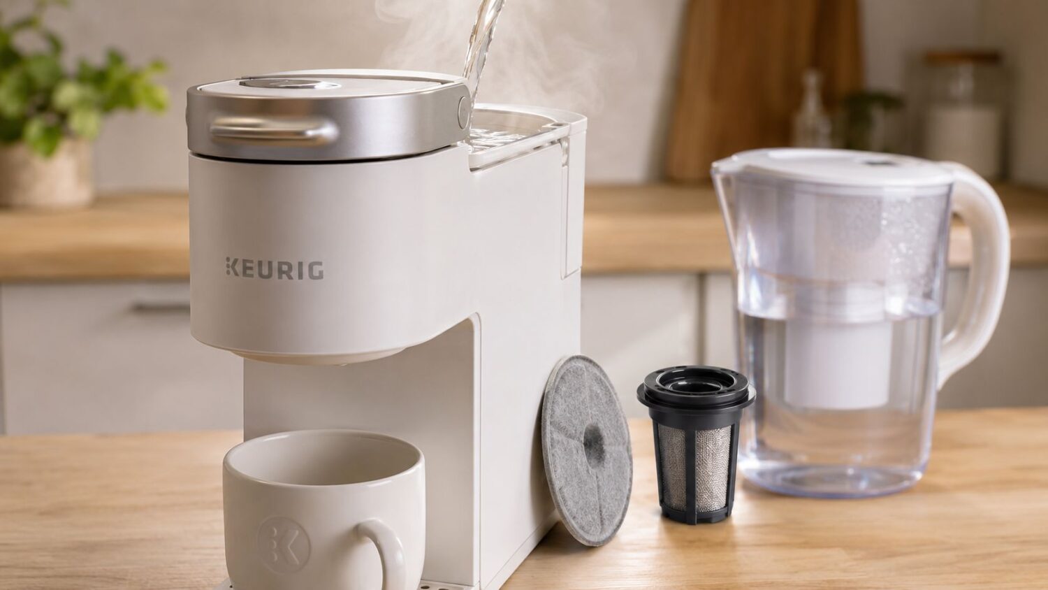 Keurig coffee maker with water filter and mug, preparing hot water