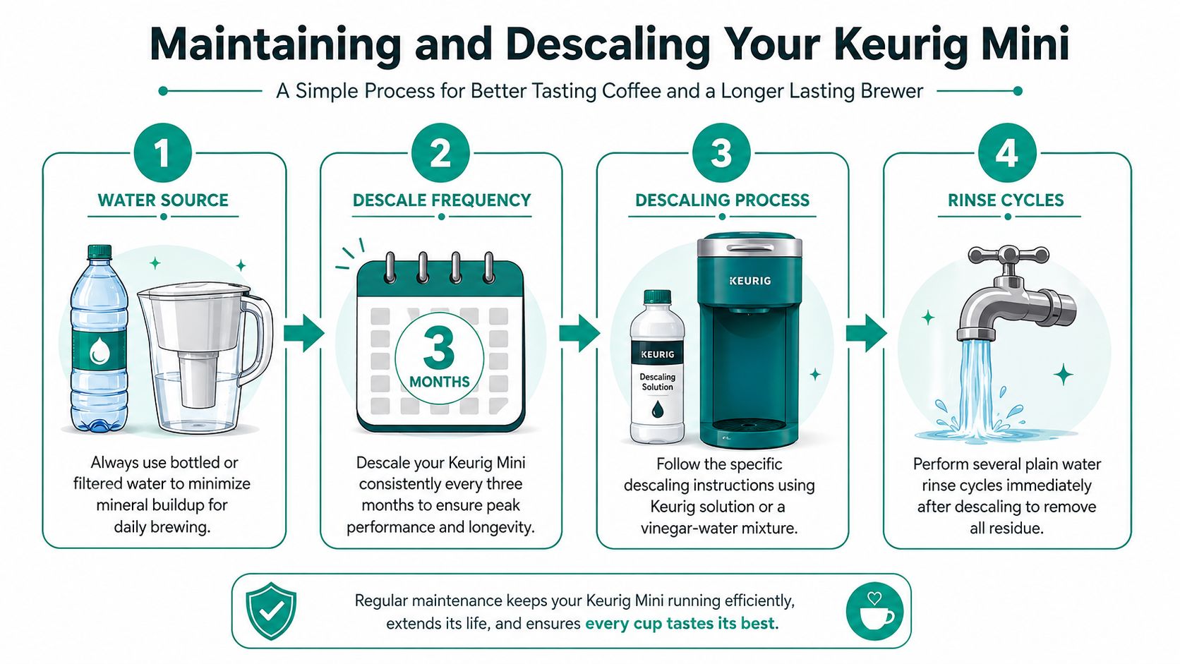 An infographic detailing the four-step maintenance and descaling process for a Keurig Mini coffee maker.