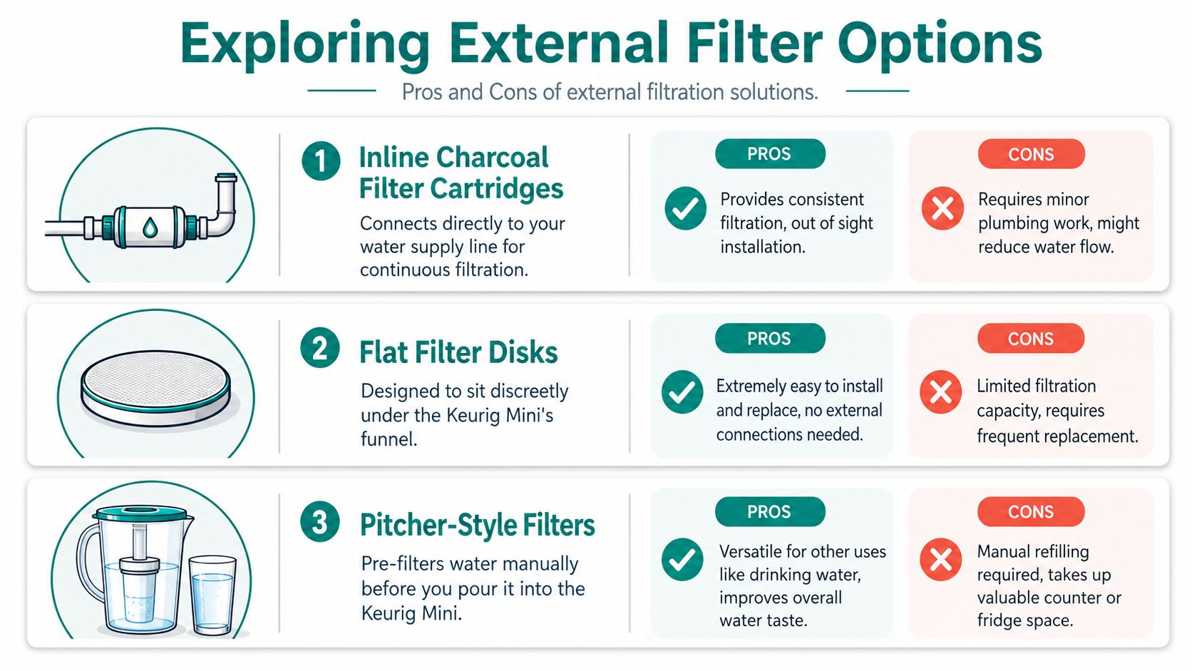 An infographic showing the pros and cons of three different external water filtration options for a Keurig Mini.