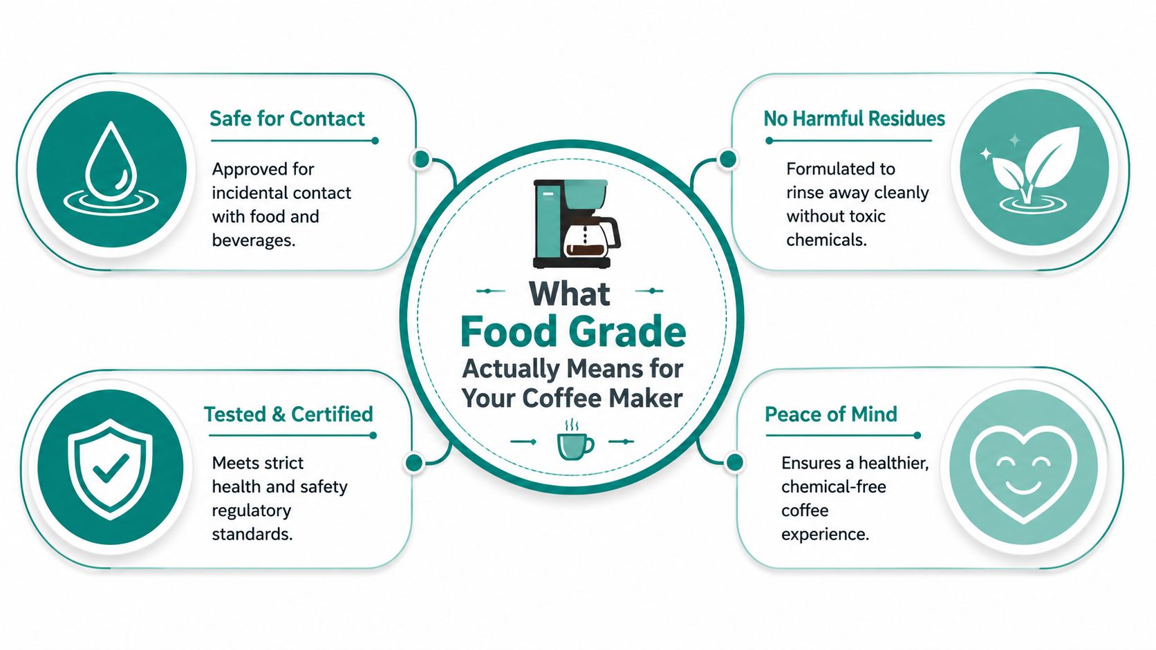 An infographic explaining the benefits of using food grade cleaning products for coffee makers with four key points.