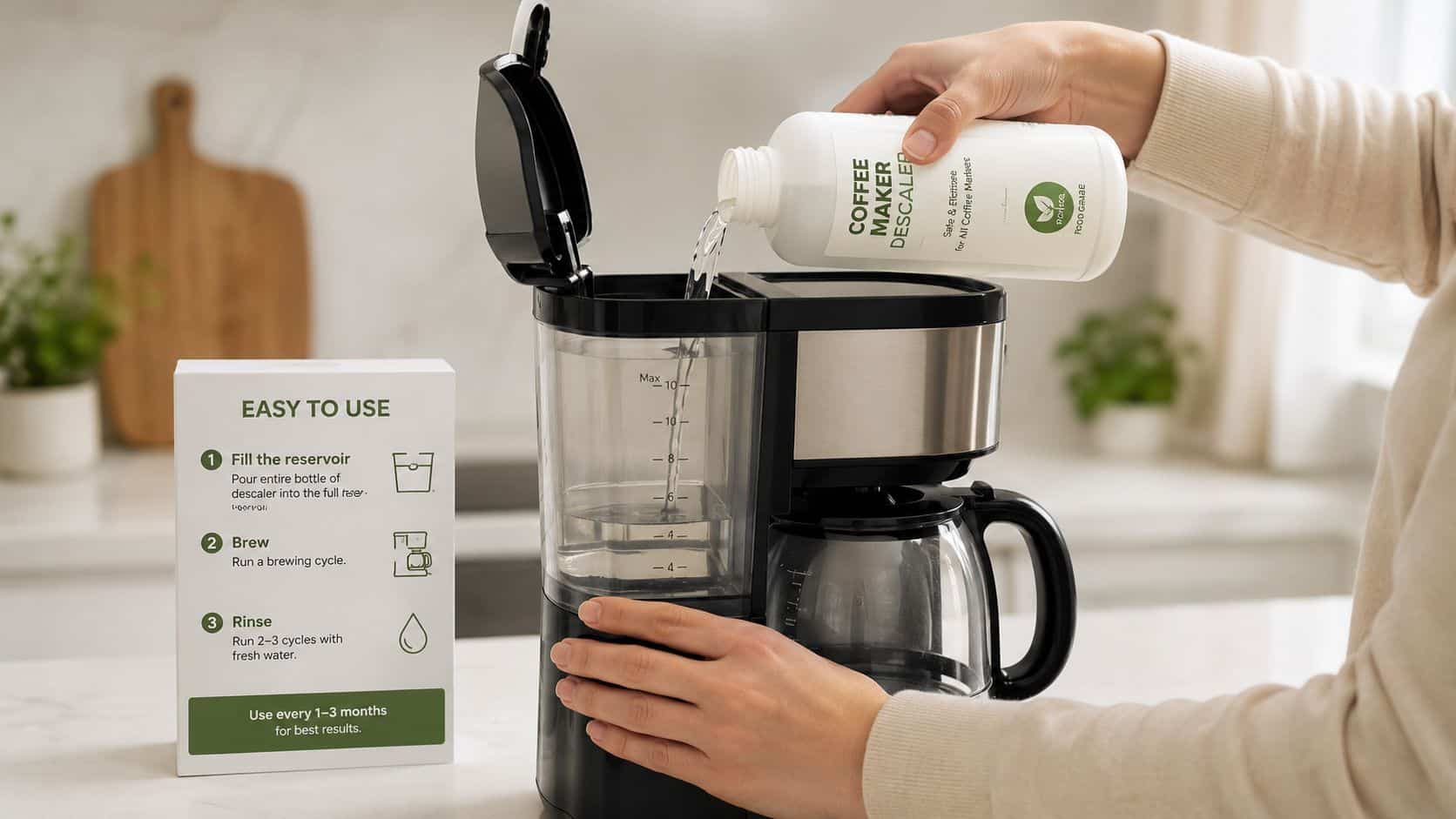 A person pouring a food grade coffee maker descaler liquid into the water reservoir of a coffee machine.