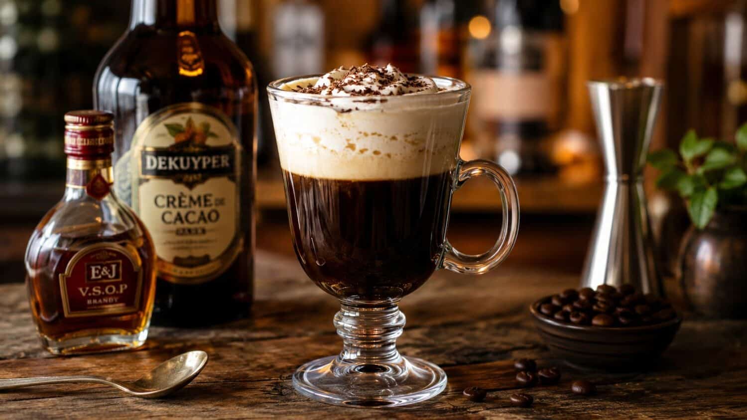 Irish coffee with whipped cream, surrounded by coffee beans and liquor bottles