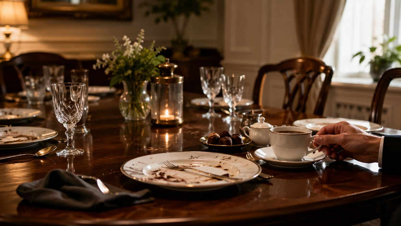 A person holding a coffee cup at a formal dining table with leftover dessert plates.