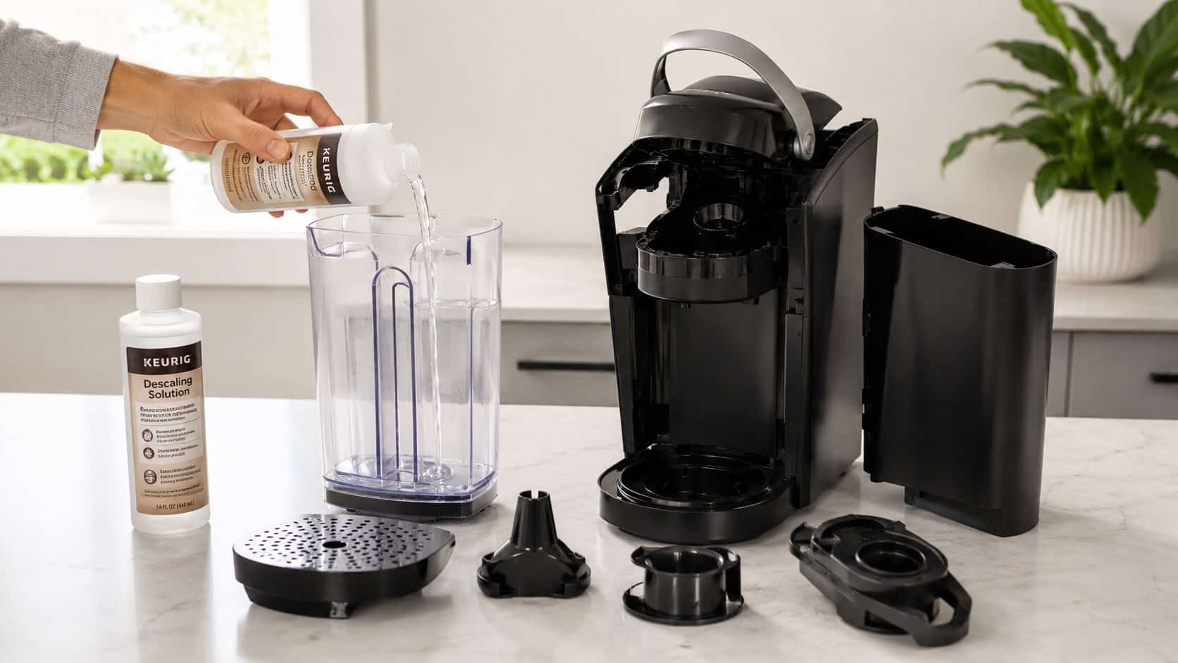 A person pouring Keurig descaling solution into a clear water reservoir next to a coffee machine.