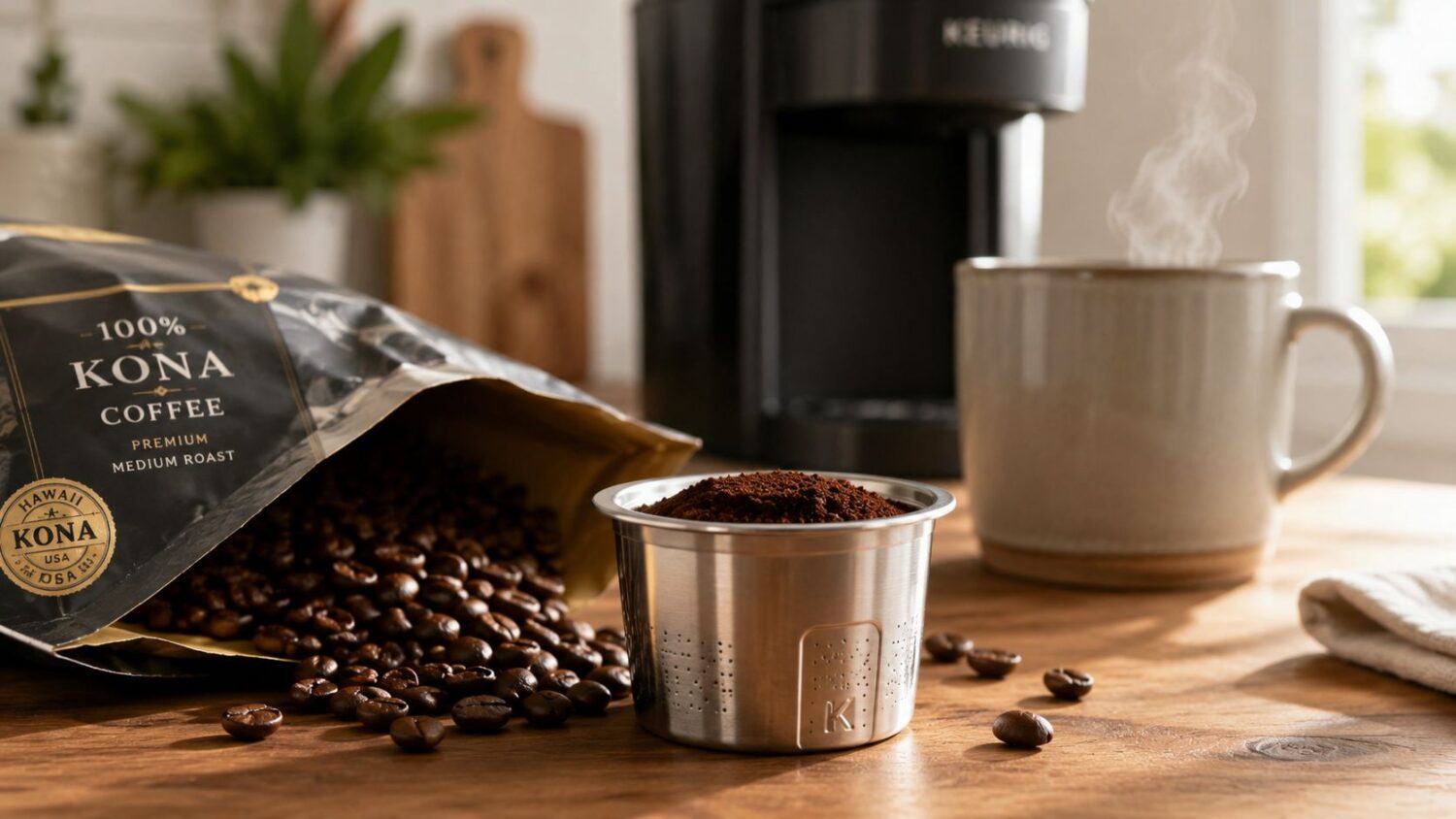 Bag of 100% Kona coffee beans spills onto a wooden table with a Keurig coffee maker and mug.