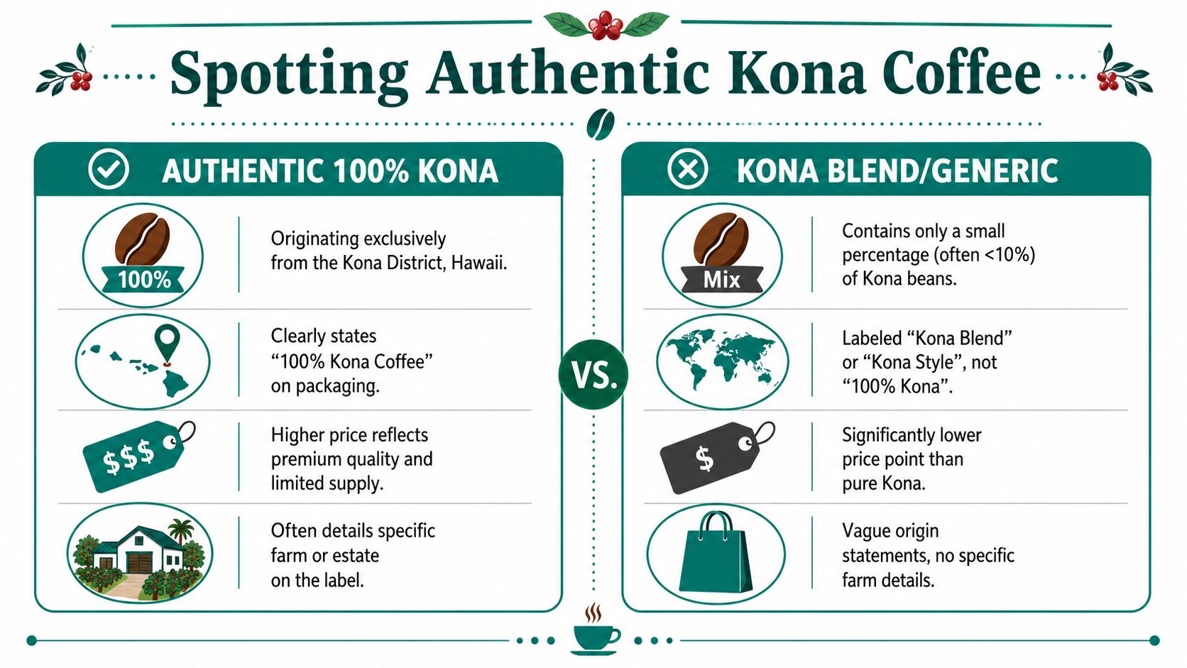 An infographic showing the key differences between authentic 100% Kona coffee and Kona coffee blends or generics.
