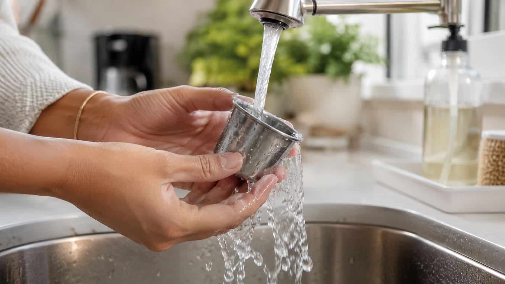 A person washing a small reusable metal coffee pod under running water in a kitchen sink.