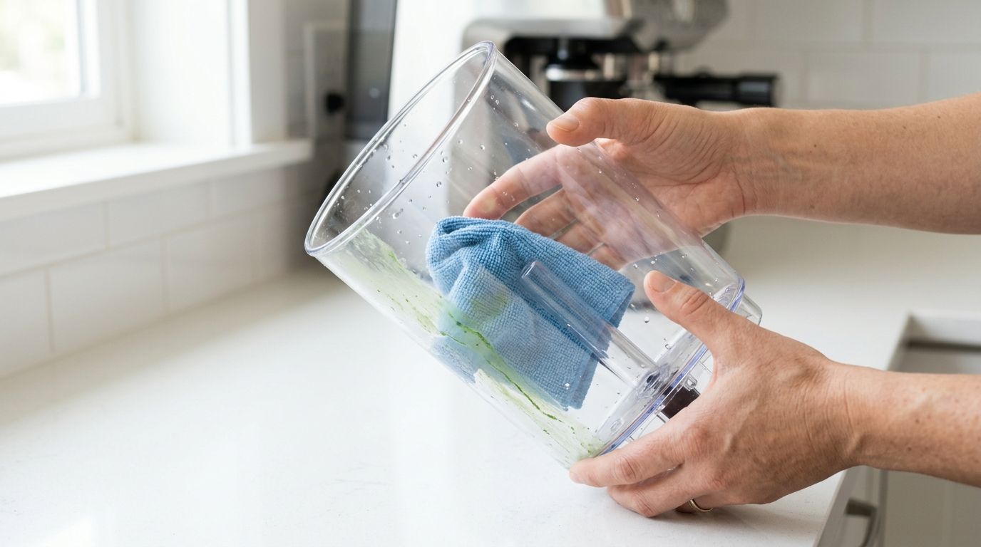 A person cleaning the inside of a clear plastic blender jar with a blue microfiber cloth.