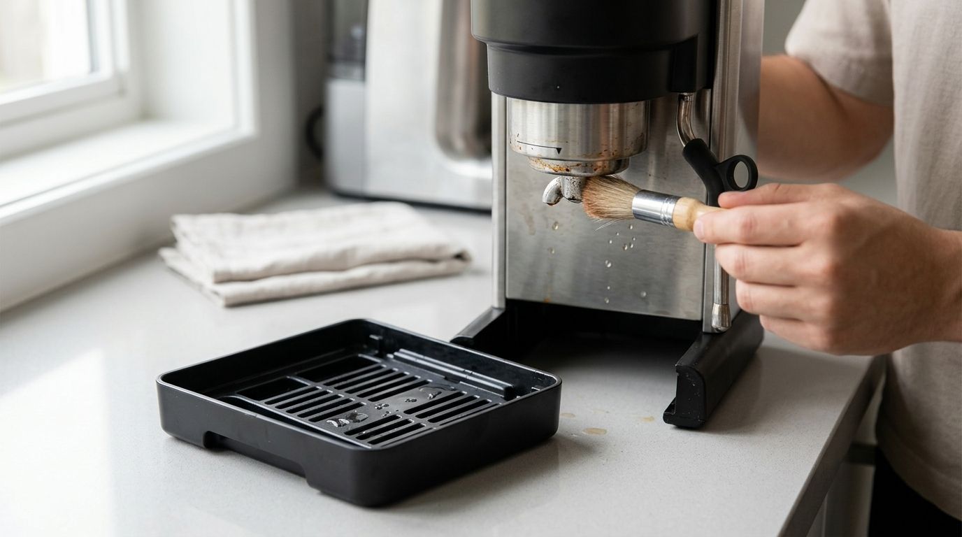 A person cleaning the espresso machine group head with a small wooden brush in a kitchen.