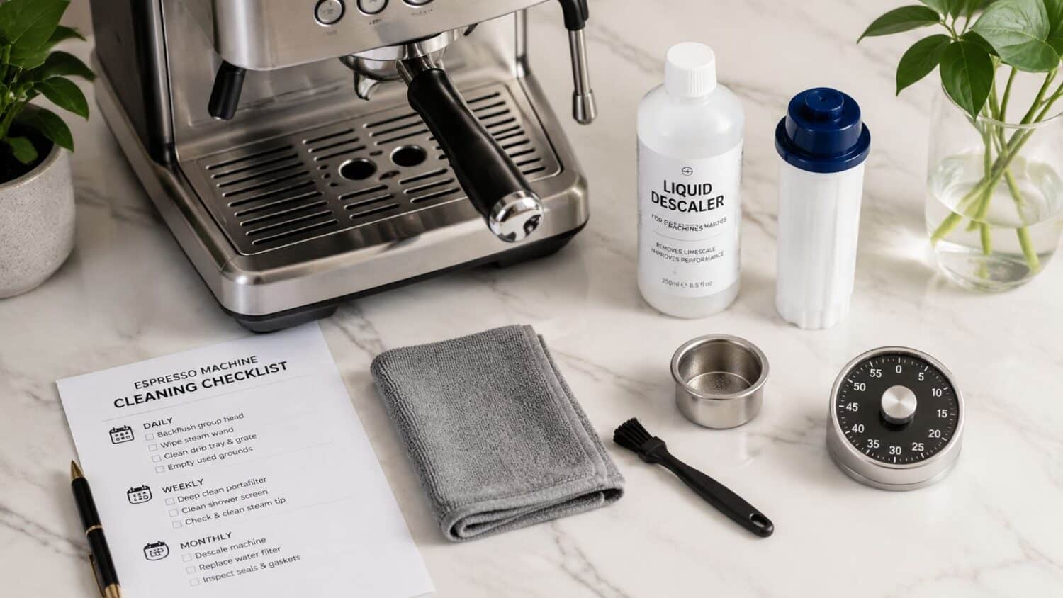 Espresso machine cleaning supplies: descaler, filter, brush, cloth, and checklist