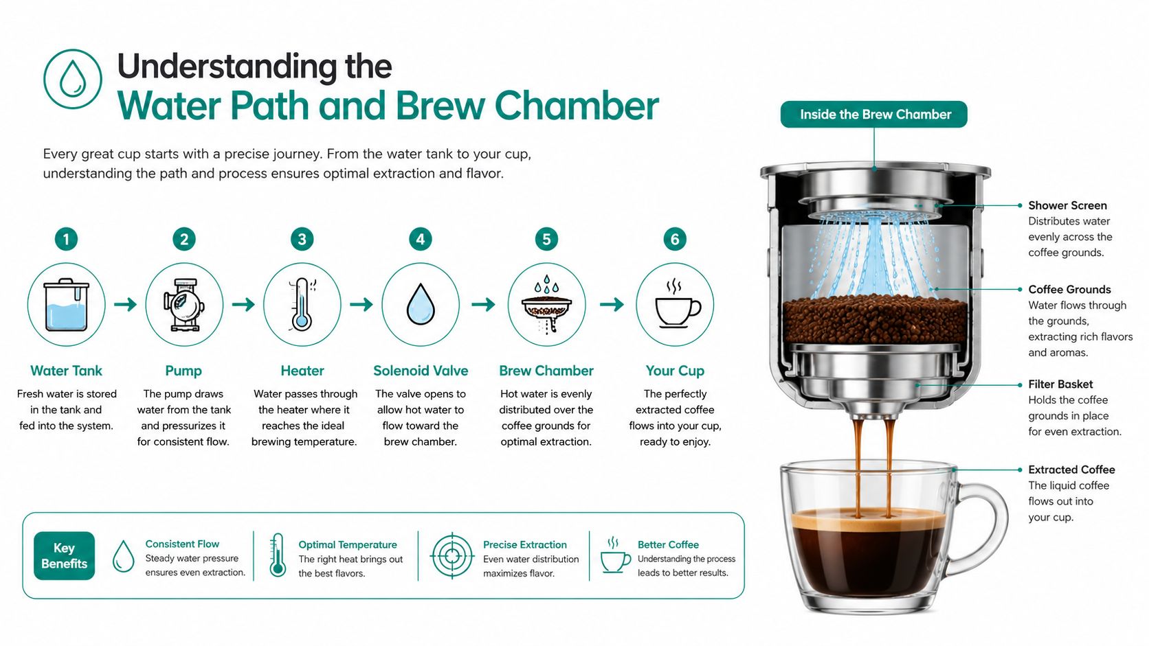 A detailed infographic showing the step-by-step water path and brewing process inside an espresso coffee machine.