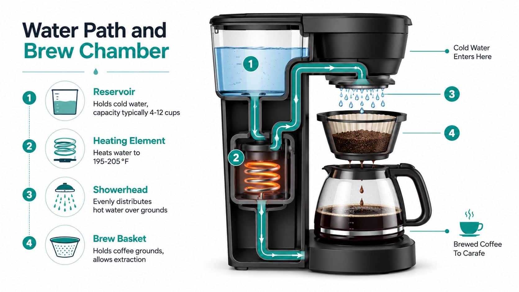 A diagram illustrating the internal components and water flow path of a standard drip coffee machine.