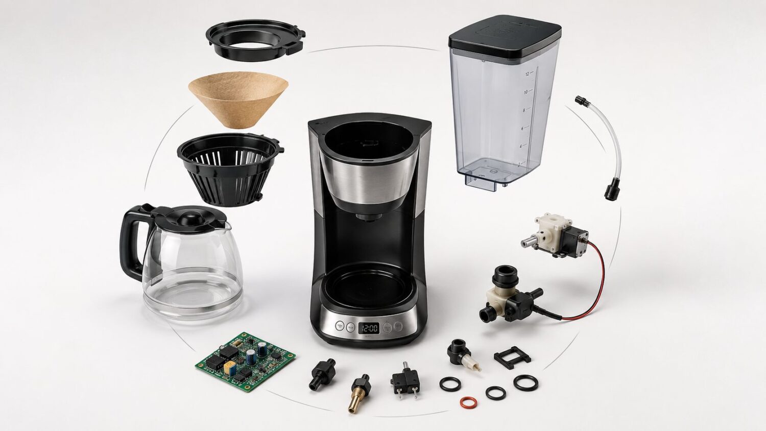 Dismantled coffee maker parts: carafe, water reservoir, filter basket, circuit board, pump