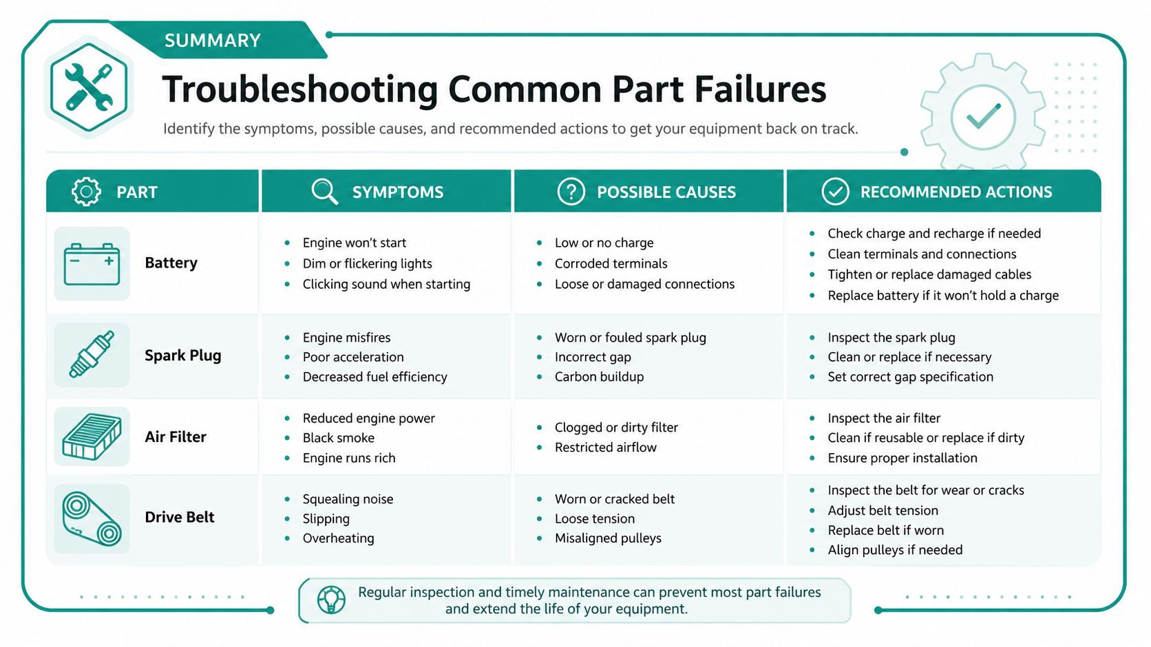 A summary chart titled Troubleshooting Common Part Failures listing symptoms, causes, and maintenance actions for engine parts.