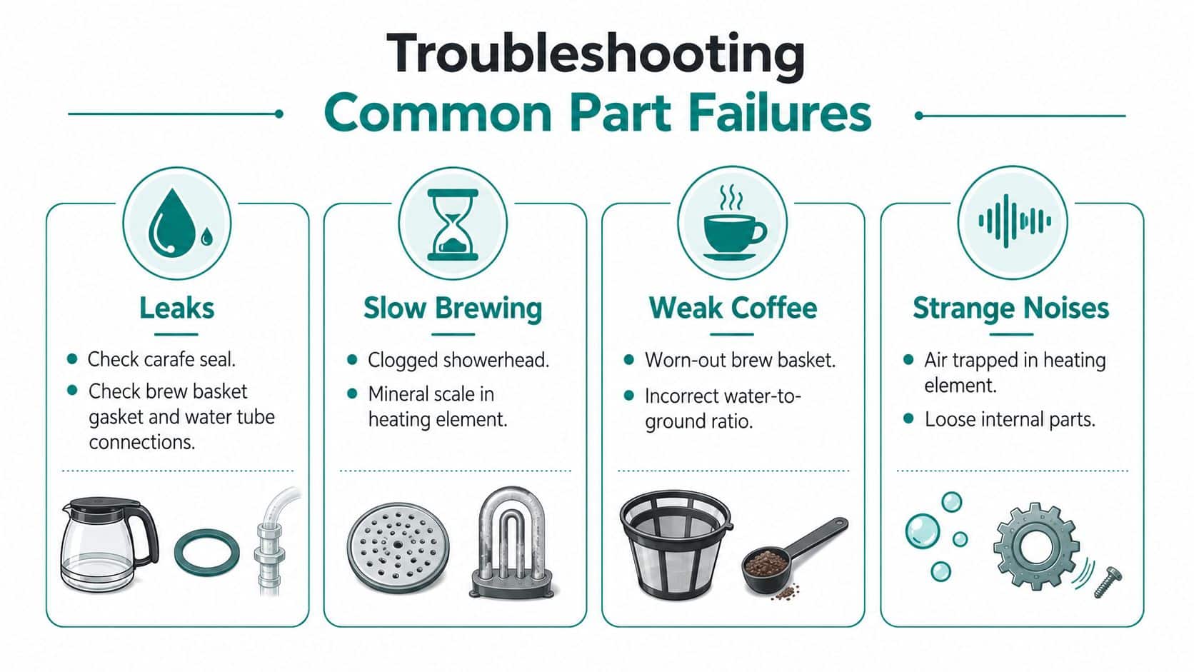 An infographic showing common troubleshooting tips for coffee pot part failures, including leaks, slow brewing, and strange noises.